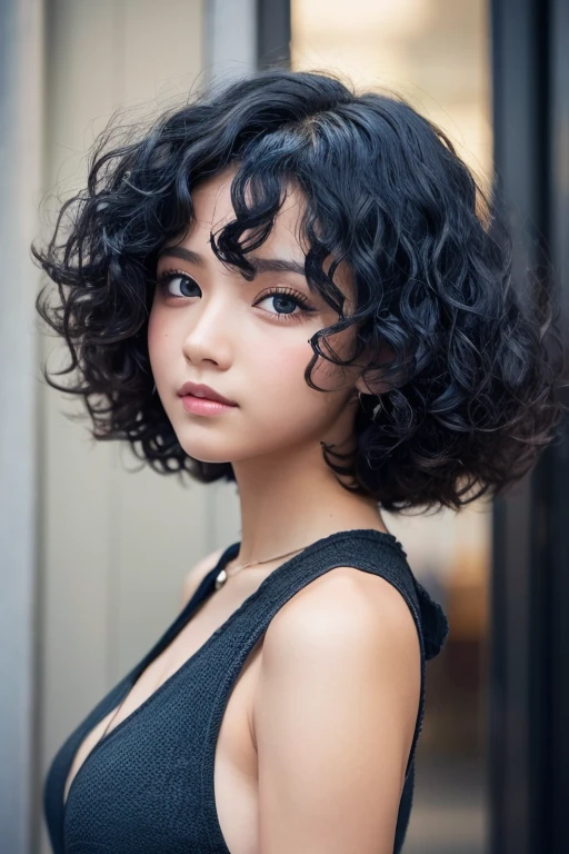 With 3A black medium curls, black eyes brown skin