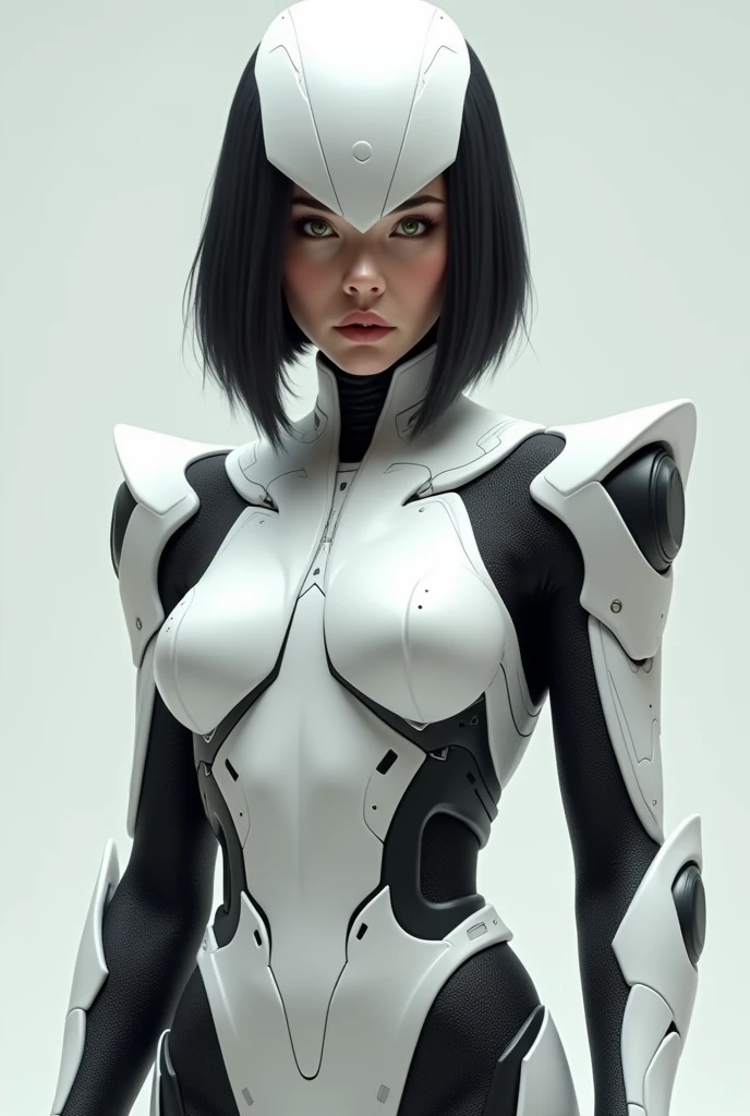 Gamora in white cybernetic armor suit, with black accents, seamless bob cut