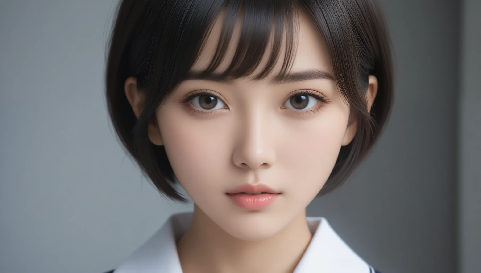 8k, Ultra-high resolution, Highest quality, masterpiece, 三分割法によるphotograph,Surreal, photograph,One Woman, (:1.3), cute, cute顔, 細部までBeautiful Eyes, 細かくdetailedに,masterpiece,One Girl:1.2,Japanese women,kindergarten,close up,glaring,Black short hair,Bowl cut,ID photo,(kindergarten uniforms:1.3),Eccentric,Future City,white collar,((Fusion of humans and androids))(Beautiful attention to detail),Subtle details, detailedな顔,anger,Attractive eyes,(ポートレートphotograph:1.4),(Photorealistic images:1.4),Fantasy art,(Beautiful Face:1.4),美しくAttractive eyes、Beautiful Eyes,Silver residue,(Tight waist:1.4)、(Beautiful with perfect body proportions:1.4),Pink Lips,profile,(((Ideal body type))),A-cup small breasts :2,、Portraiture:2、Perfect Anatomy、鮮明なdetailed、detailed,Fashion magazine cover,Thin lips,完璧でBeautiful Face ,完璧でcute顔, Skin with attention to detail, Perfect limbs、Narrow waist,Surreal,Light and shadow,spotlight