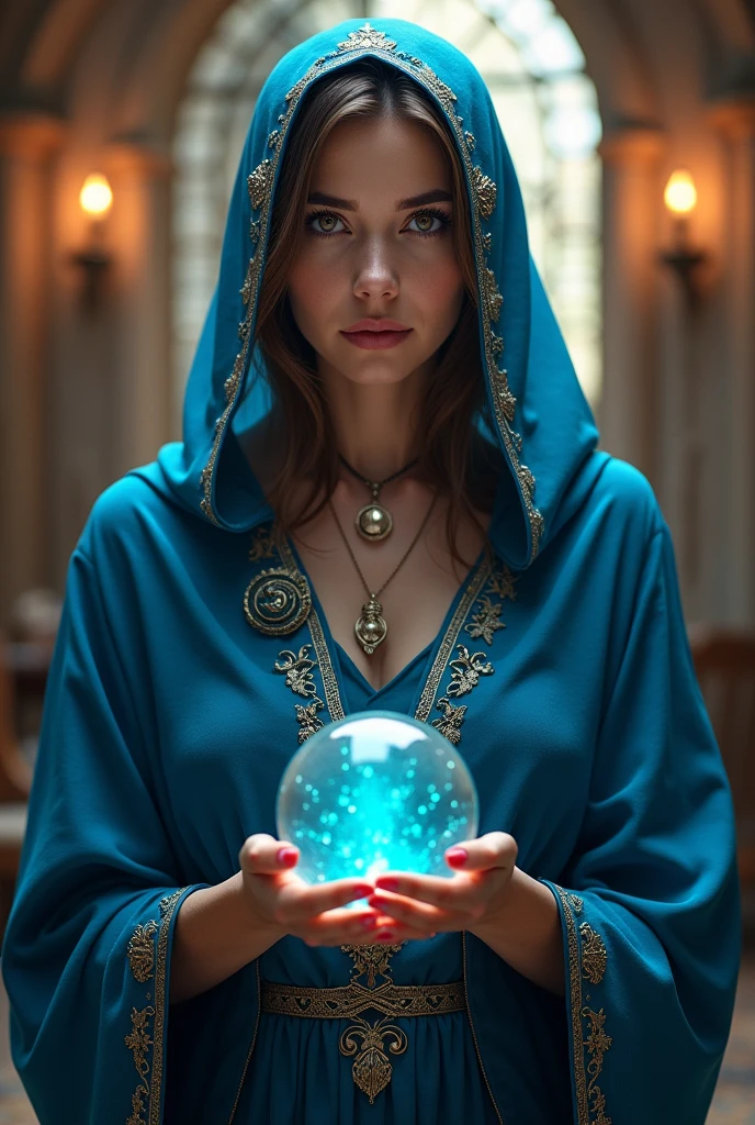 Female fortune teller. Body and face orientation: front. Charm, Beautiful and mysterious. She is wearing a blue cape、Have a clear face. The atmosphere is bright and sparkling, Filled with anxiety and anticipation. A fortune teller is standing. He has a crystal ball in his right hand. The lighting in the room is bright, Create a fantastic atmosphere. Best image quality, 4K or 8K resolution. Extremely detailed and realistic, Almost photorealistic. Artistic style is、It should reflect the formula's aesthetic with bright colors and strong contrast。. The color palette should emphasize the mysterious and mystical theme of the piece.. The fortune teller's cloak is decorated with metal trim and intricate designs.、The thickness ratio is 1.5. The overall atmosphere is starry and magical.. The fortune teller's facial expression should arouse mystical interest..cute