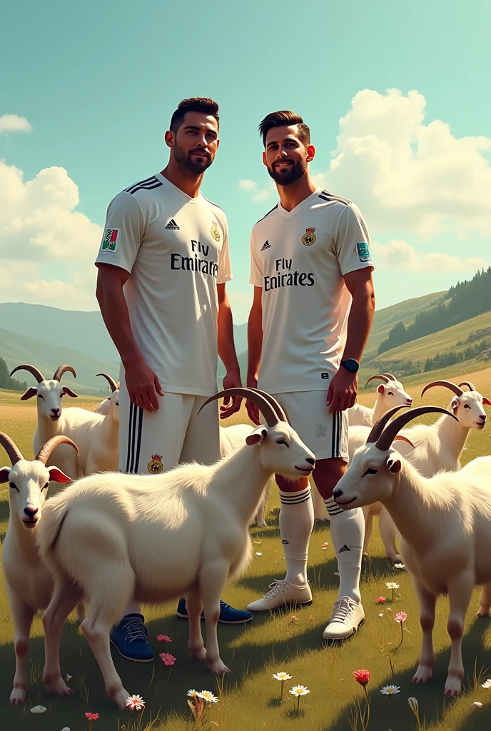 Cristiano Ronaldo and Lionel Messi surrounded by goats 