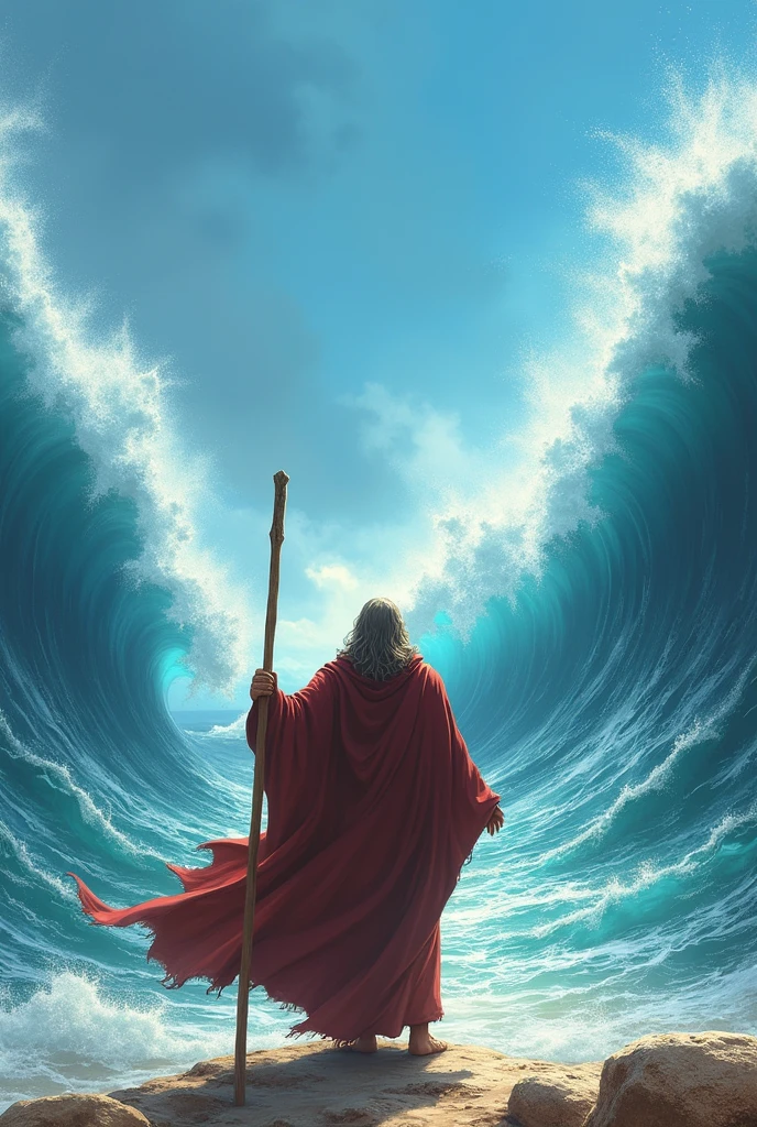 I want an epic image of the Red Sea opening before Moses with his staff 
