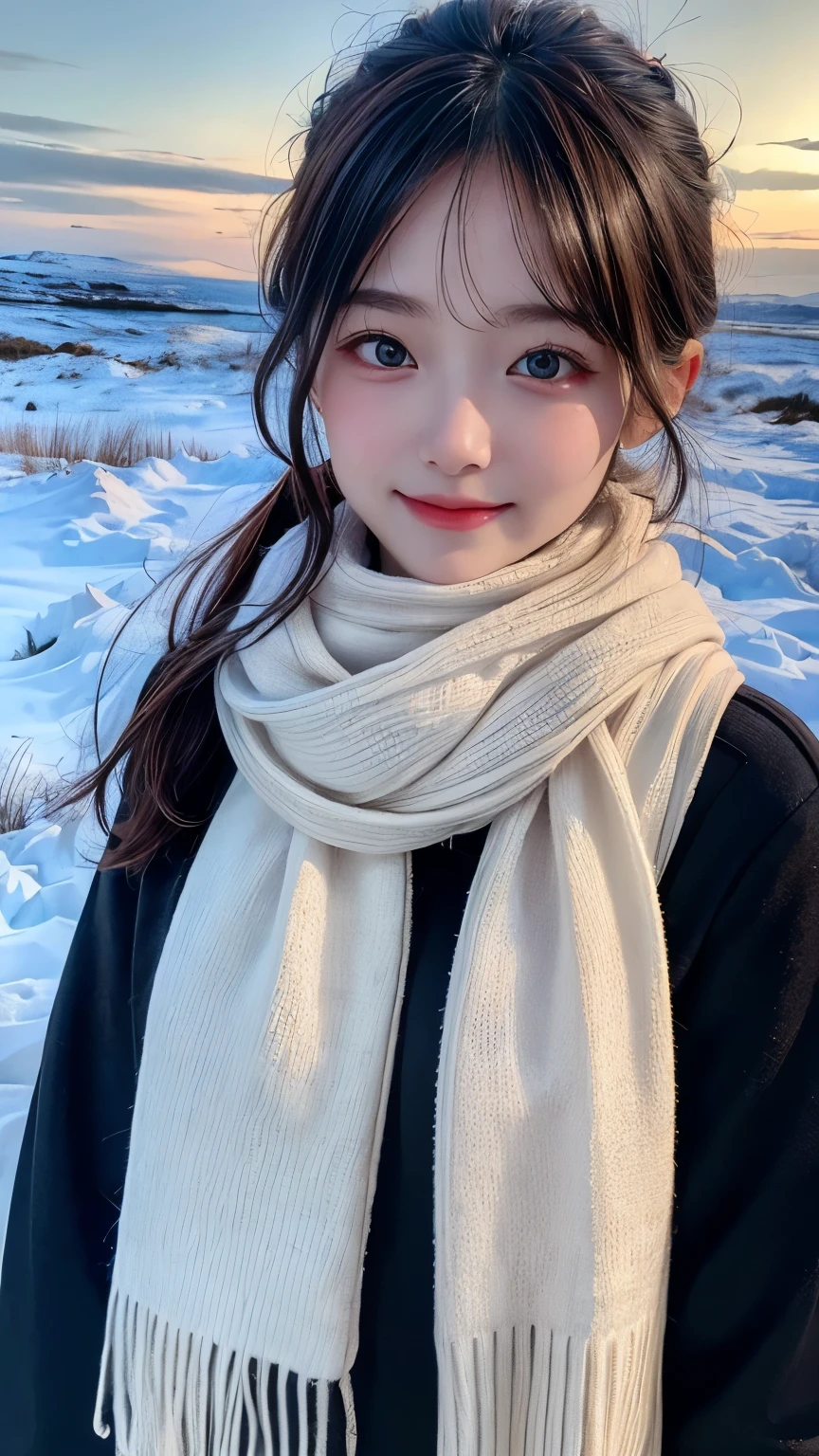 (Highest quality: 1.5), (masterpiece: 1.2), (Realistic: 1), 4K, (RAW Photos: 1.1), 1 person, Baby Face, 20-year-old, Looking at the audience, Black Hair, Icelandic, snow, ice, cold, Eskimo, Portraiture, winter, gloves, scarf, close your eyes, smile, cute, Upper Body, snow piled up, Wide Shot,