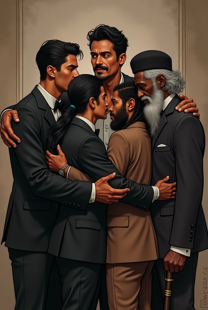 Make a picture of the Emigrants hugging Don Pascual ,wender daddy,
wender bleis and rastaman, el emigrantes tiene traje dorado y piel bronceada pelo negro atractivo y mucha mandibula marcada stomach 1.98 is very tall and very muscular, el wender bleis es flaco stomach 1.70 and has a black suit with a bow, el wender daddy stomach 1.74 has a mustache and wears a black suit with a bow tie, Now Rastaman has a brown suit, is of African descent, He has dreadlocks and a voluminous beard, stomach 1.85 the mustache joined to the beard, and he is skinny, And to finish the Easter gift is white, old man with beard and gray hair, He has a cane and a beret, and a very elegant suit from its time .
Make all the characters as close to reality as possible.