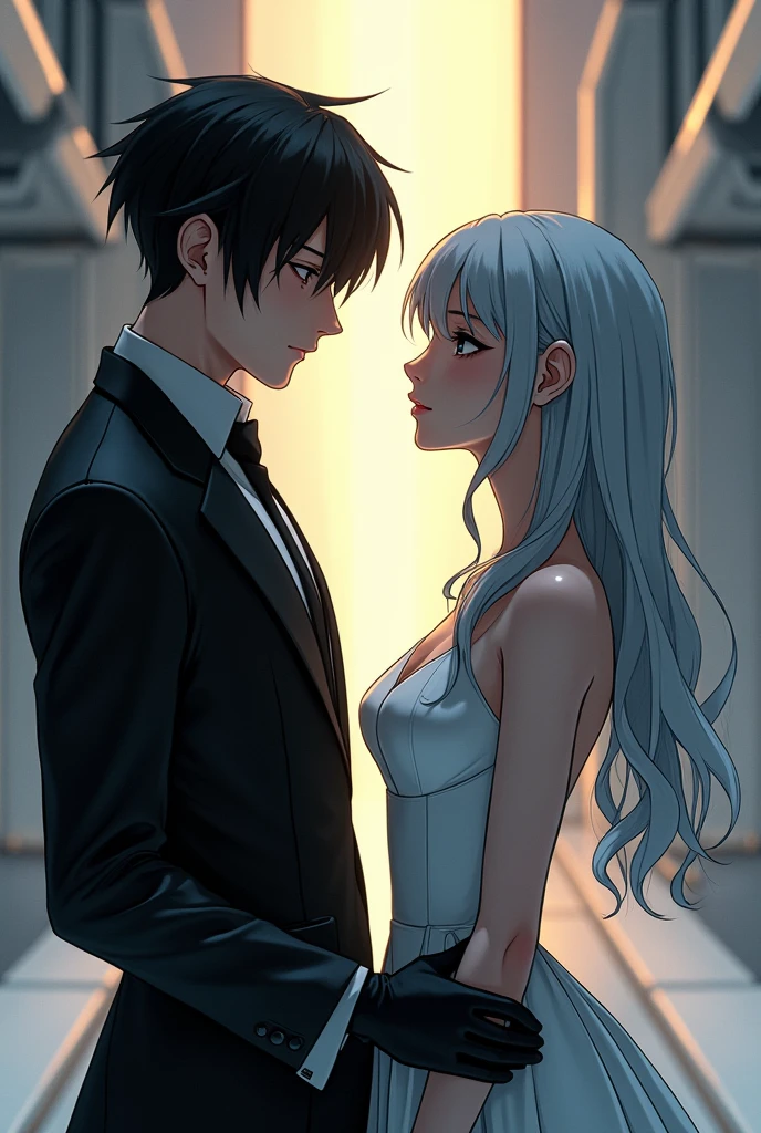 Sanakan and Cibo from Blame! Manga in a wedding dress), (sci-fi theme) Eyes staring at each other, suit black hair, dress striking silver hair, Futuristic atmosphere of the outfit A soft but bright light shines from above. Intimate and romantic atmosphere Highly detailed, exceptionally detailed, cinematic quality, emotionally charged scenes.