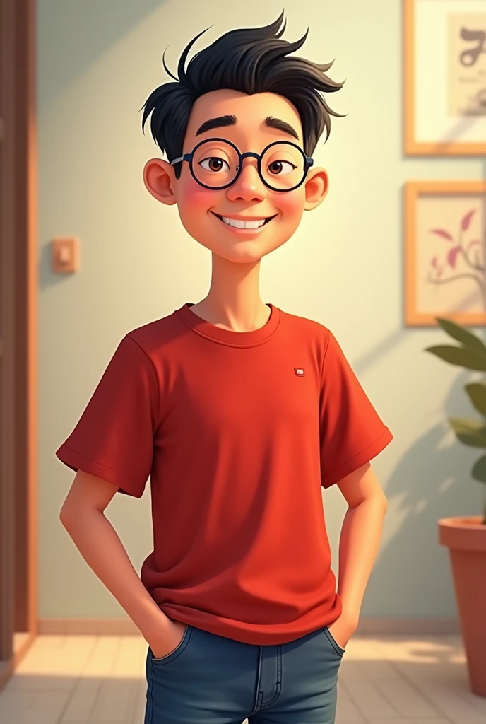 a Pixar-style drawing of a man, Cao Cao, offwhite, short-hair, dark blonde, Grinning, with round glasses. hands in pockets, wearing jeans and a red T-shirt. 