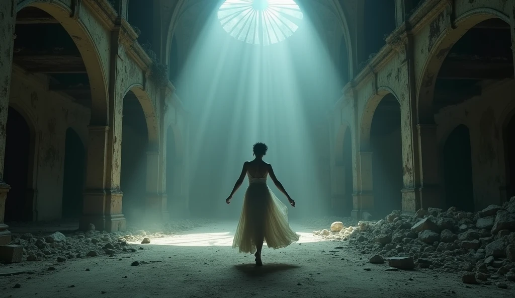 (best quality, masterpiece, ultra detailed), place: Theater footage of the ruins: The protagonist stands on the stage of the theater、Solo dancing scene。The contrast between light and shadow is enhanced、The sense of desolation inside the theater is reflected。The camera captures the protagonist dancing in close-up。