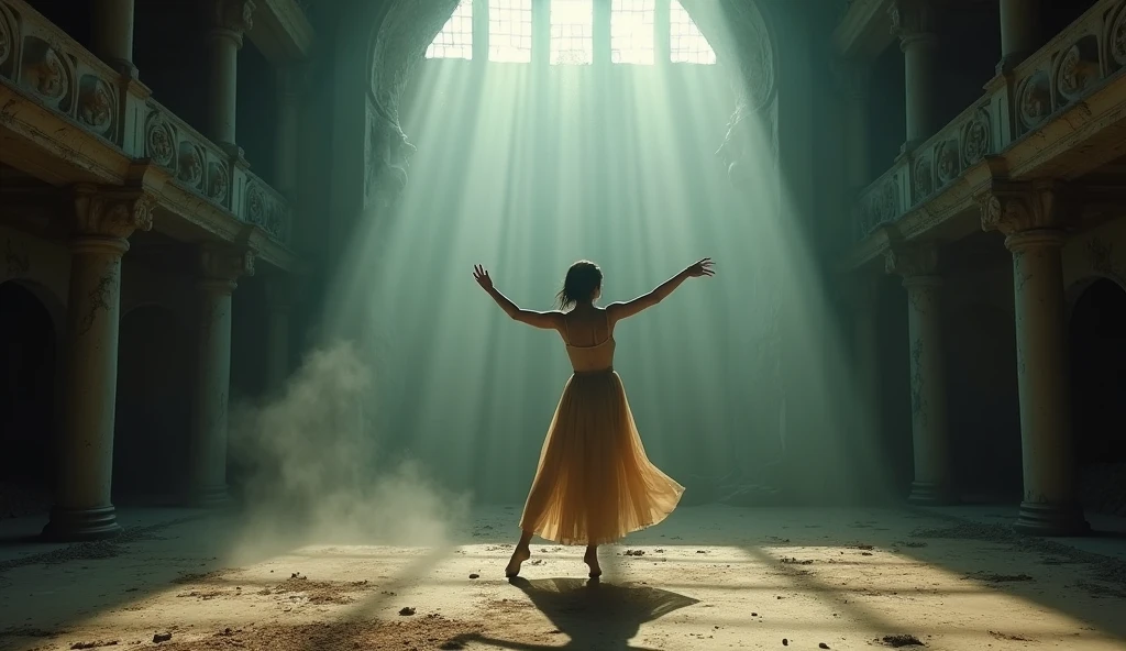 (best quality, masterpiece, ultra detailed), place: Theater footage of the ruins: The protagonist stands on the stage of the theater、Solo dancing scene。The contrast between light and shadow is enhanced、The sense of desolation inside the theater is reflected。The camera captures the protagonist dancing in close-up。