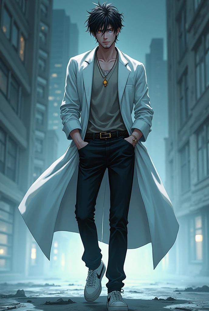 Manhwa character, kurama, 1,86cm height, your appearance: dark haired, ele parece o sung jin woo de solo leveling, has a thin beard, one of his eyes is orange-yellow and the other is blue Personality: cold and calculist, important as a mountain Clothes: chemise, black pants and sneakers and wears a white doctor's coat with a necklace that has a precious stone.