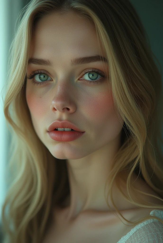 Beautiful woman with straight blonde hair and green eyes
