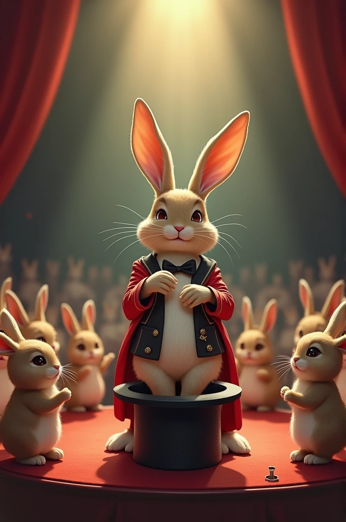 A rabbit standing on the stage and taking a man from the hat and remaining rabbits are clapping 