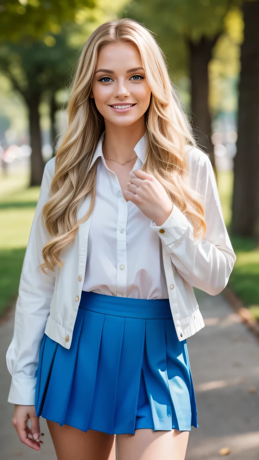 Realistic full body photo of a smiling, Young blonde woman with long hair, She dances in front of the camera in a suit with a purple skirt..., Park,glamour fotoshooting, Park, perfect anatomy, perfect blue eyes. Perfect hands with 5 fingers on each hand, Matching girl, look into the camera, 1 Frau. (Eye make up:1.1), (highly detailed skin:1.1), spirit, analog style, keen focus, 8K  UHD, dslr, good quality, Fujifilm XT3, Grain, Award-winning, ​masterpiece. Park