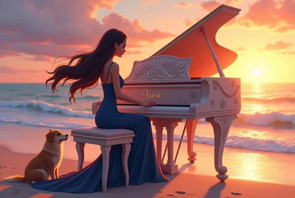 "A warm, fantasy cartoon-style scene featuring a graceful woman playing the piano on a tranquil beach at sunset. The woman, with long, flowing hair moving gently in the ocean breeze, wears an elegant, navy blue dress that drapes beautifully. The piano she plays is a beautifully crafted, ornate instrument with intricate designs inspired by seashells and starfish. The name 'Nura' is elegantly engraved on the front of the piano in a flowing, stylish script. Beside her, a loyal and fluffy dog rests peacefully, gazing at her with affection. The sky, awash with hues of pink, orange, and purple as the sun sets, casts a warm, golden light over the scene, creating an atmosphere of calm and enchantment."