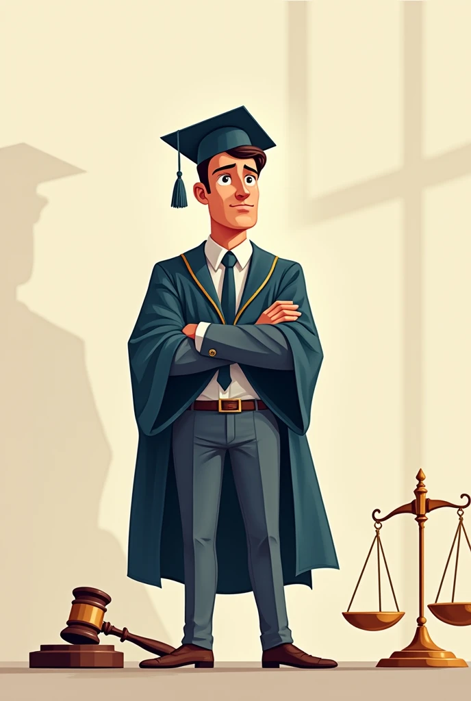 A mor detail man wearing his full of graduation gown Takes up the half of the design area, next to him are the big scales of justice and the hammer, a large two-dimensional drawing.cartoon drawing more details mor detail