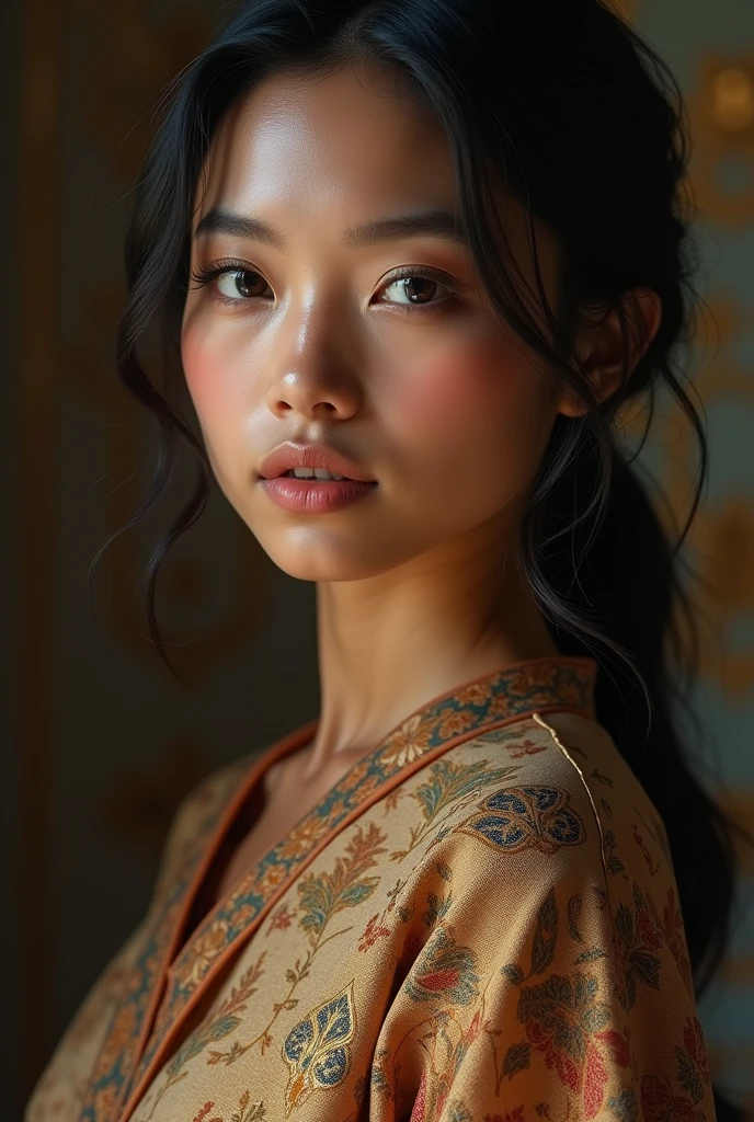 Beautiful Indonesian woman wearing kebaya with a firm face