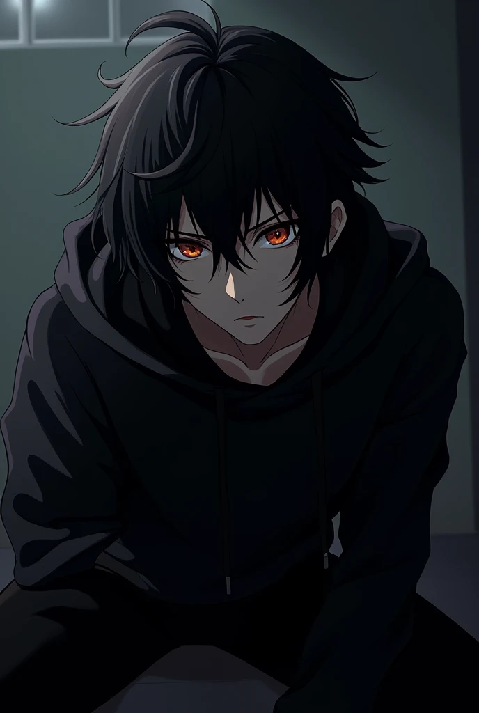 (photorealism:1.2), handsome anime guy, thin almond shaped eyes, wearing a black hoodie and black long pants, leaning in to kiss viewer, black messy long hair (his hairs almost covering his eyes), yandere stalker vibe,in the dark room, anime photo, close up