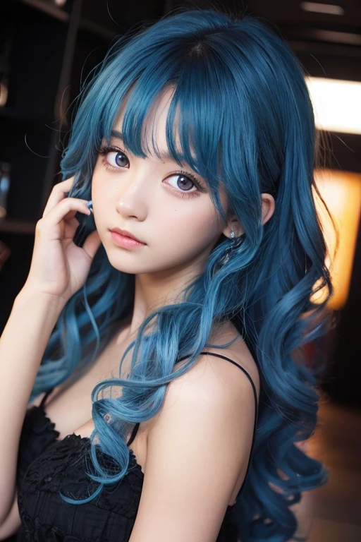 Girl with curly blue hair, black-eyed