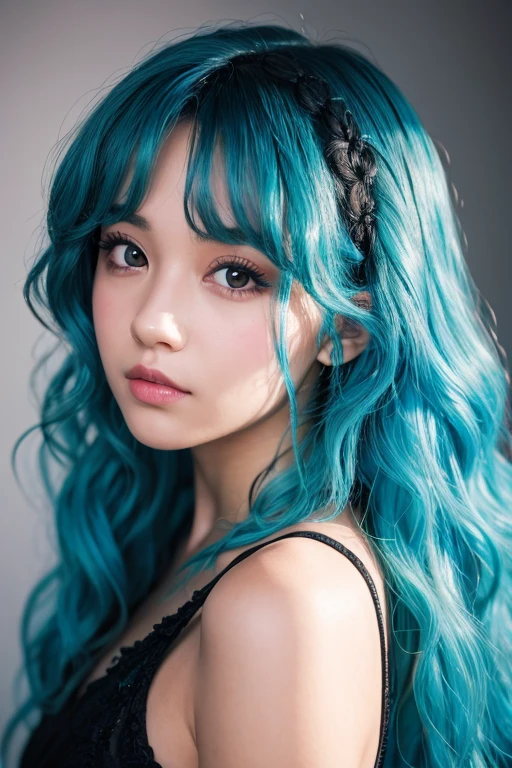 Girl with curly blue hair, black-eyed