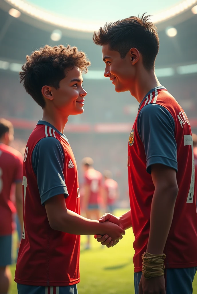 A smart boy shaking his hand with Cristiano Ronaldo and behind of his jersey named as AFRI and number 7