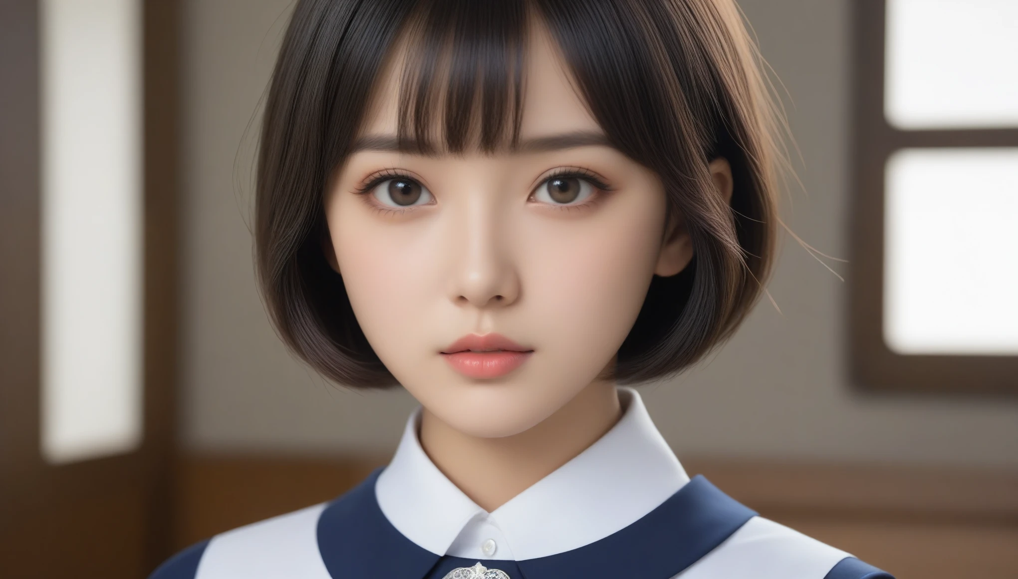 8k, Ultra-high resolution, Highest quality, masterpiece, 三分割法によるphotograph,Surreal, photograph,One Woman, (:1.3), cute, cute顔, 細部までBeautiful Eyes, 細かくdetailedに,masterpiece,One Girl:1.2,Japanese women,kindergarten,close up,glaring,Black short hair,Bowl cut,ID photo,(kindergarten uniforms:1.3),Eccentric,Future City,white collar,((Fusion of humans and androids))(Beautiful attention to detail),Subtle details, detailedな顔,anger,Attractive eyes,(ポートレートphotograph:1.4),(Photorealistic images:1.4),Fantasy art,(Beautiful Face:1.4),美しくAttractive eyes、Beautiful Eyes,Silver residue,(Tight waist:1.4)、(Beautiful with perfect body proportions:1.4),Pink Lips,profile,(((Ideal body type))),A-cup small breasts :2,、Portraiture:2、Perfect Anatomy、鮮明なdetailed、detailed,Fashion magazine cover,Thin lips,完璧でBeautiful Face ,完璧でcute顔, Skin with attention to detail, Perfect limbs、Narrow waist,Surreal,Light and shadow,spotlight