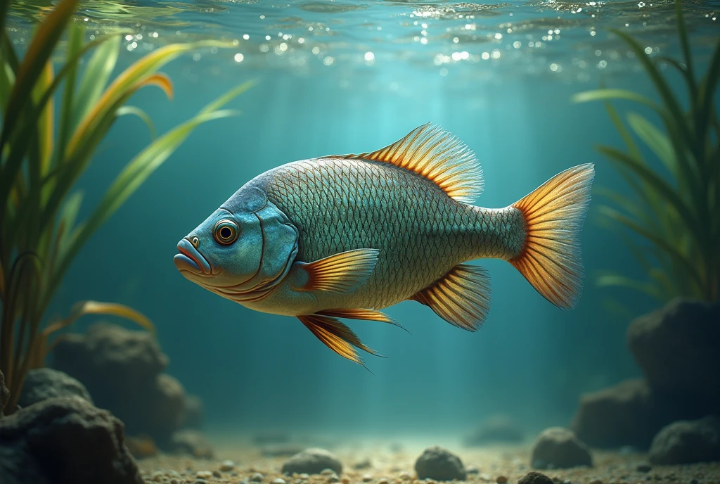 Create a captivating, hyper-realistic, AI-generated artwork of a tilapia in its natural habitat. The tilapia should be depicted swimming gracefully in a freshwater environment, such as a lake or river. Capture the detailed textures of the tilapia’s scales and fins, highlighting its distinctive coloration and natural patterns.
The scene should reflect the aquatic environment, with clear, calm water showcasing the tilapia’s reflection and the subtle ripples created by its movement. Include details such as underwater vegetation like reeds or aquatic plants, and perhaps a few small pebbles or submerged logs on the lake or riverbed.
Use natural, vibrant colors to depict the tilapia and its surroundings, emphasizing the contrast between the fish’s coloration and the environment. The lighting should be soft and natural, with sunlight filtering through the water, illuminating the tilapia and enhancing the textures and colors of its habitat.
The style should be hyper-realistic yet artistic, focusing on the tilapia’s beauty and the serenity of its aquatic environment. The final artwork should be high-resolution and visually striking, capturing the grace and natural elegance of the tilapia in its habitat.
