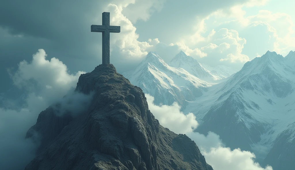 A majestic cross set atop  middle a towering mountain, surrounded by huge, swirling clouds, mysterious ambient atmosphere, ethereal lighting, high detail, cinematic, spiritual, artwork by Caspar David Friedrich, hyper-detailed, 4k resolution