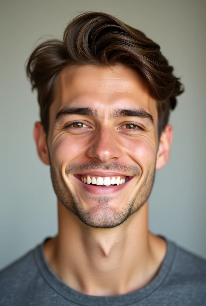 young man with brown hair smiling, stock photo