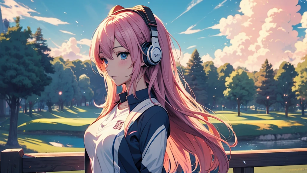 A woman wearing headphones、Anime Style 4 k, anime wallpaper 4k, anime wallpaper 4k, 4k anime wallpaper, anime art wallpaper 4k, anime art wallpaper 4k, Anime Style. 8k, Anime atmosphere, Ultra HD Anime Wallpaper, Anime Art Wallpaper 8K, Anime Background,golf、golf場、golfをしている、GOLF