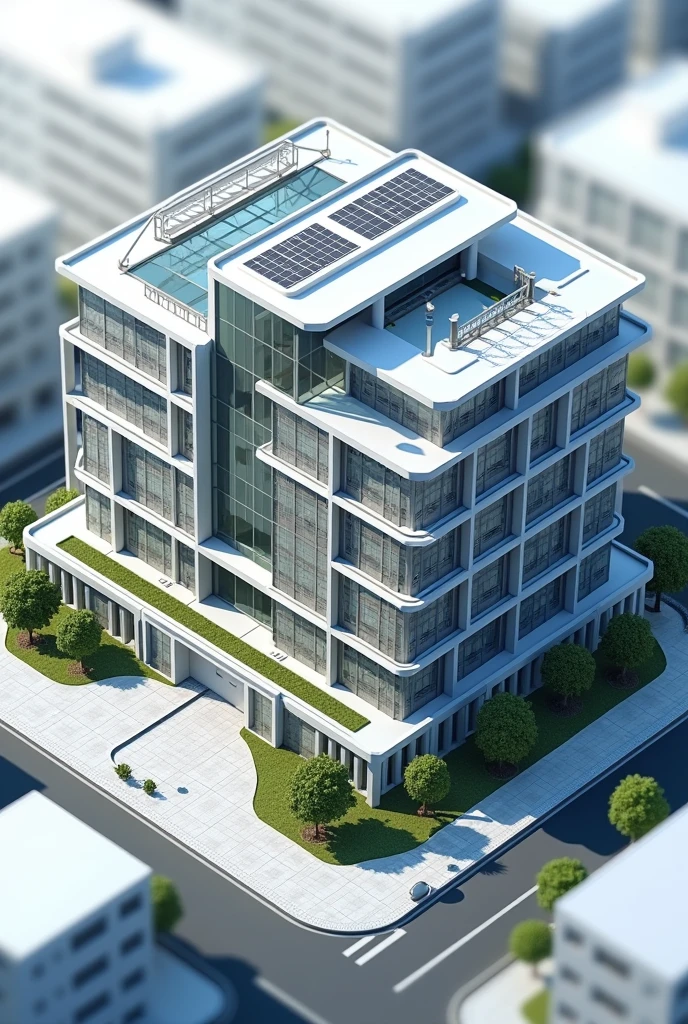 Create an isometric view of an architectural plan of an IT center with a defined architectural style