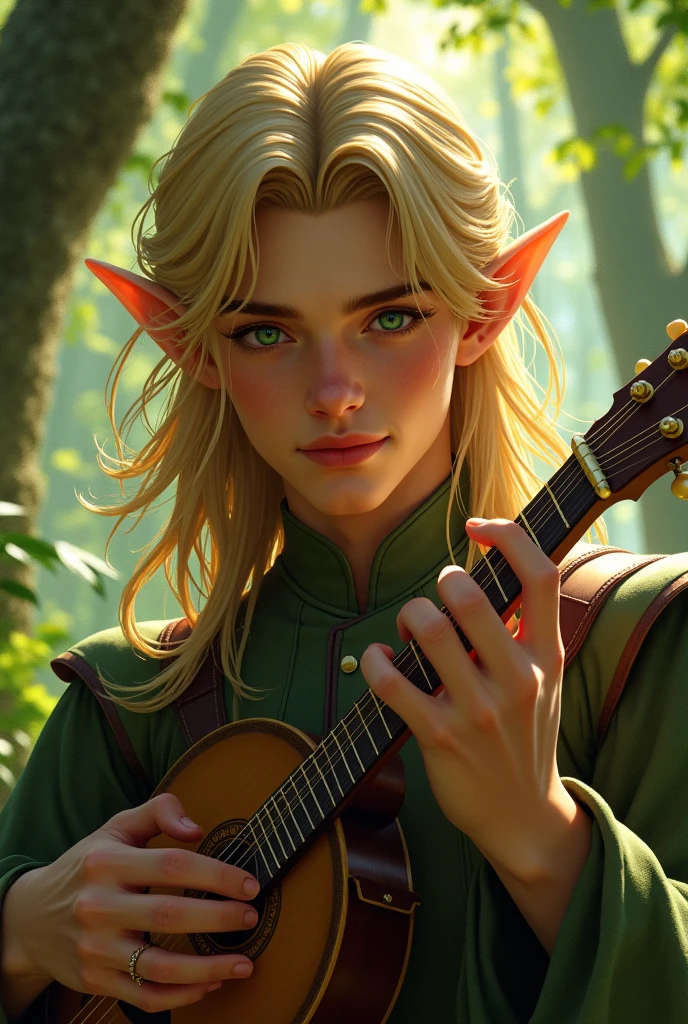 a close-up of a person with a mandolin in a forest, a portrait of a male elf, a portrait of a forest mage, a male elf, a handsome male elf, a male elf ranger, a male blond elf ranger, a male elf, an elven character with a smirk, young elf wizard, portrait of a young elf wizard, portrait of an elf