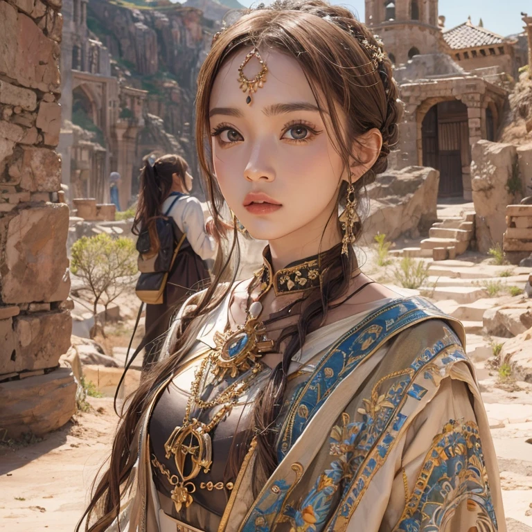 Standing in the desert、Hair Flow、 ((Highest quality、masterpiece、8k、Best image quality、Ultra-high resolution、Award-winning works)、(Woman close up'Face:1.35)、(裸Faceのクローズアップ:1.3)、(Accurate anatomy:1.1)、(Look at me and smile:1.1)、Shining fair skin with Ultra-high resolution、The most detailed face、Ultra-high resolution detailed face、Ultra-high resolutionの髪の毛、(Ultra-high resolutionの煌めく瞳:1.1)、Beautiful face drawn in every detail、(Blurred Background:1.1)、Ancient Islamic clothing, Chest to chest, tattoo, Old ruins in the background, look back