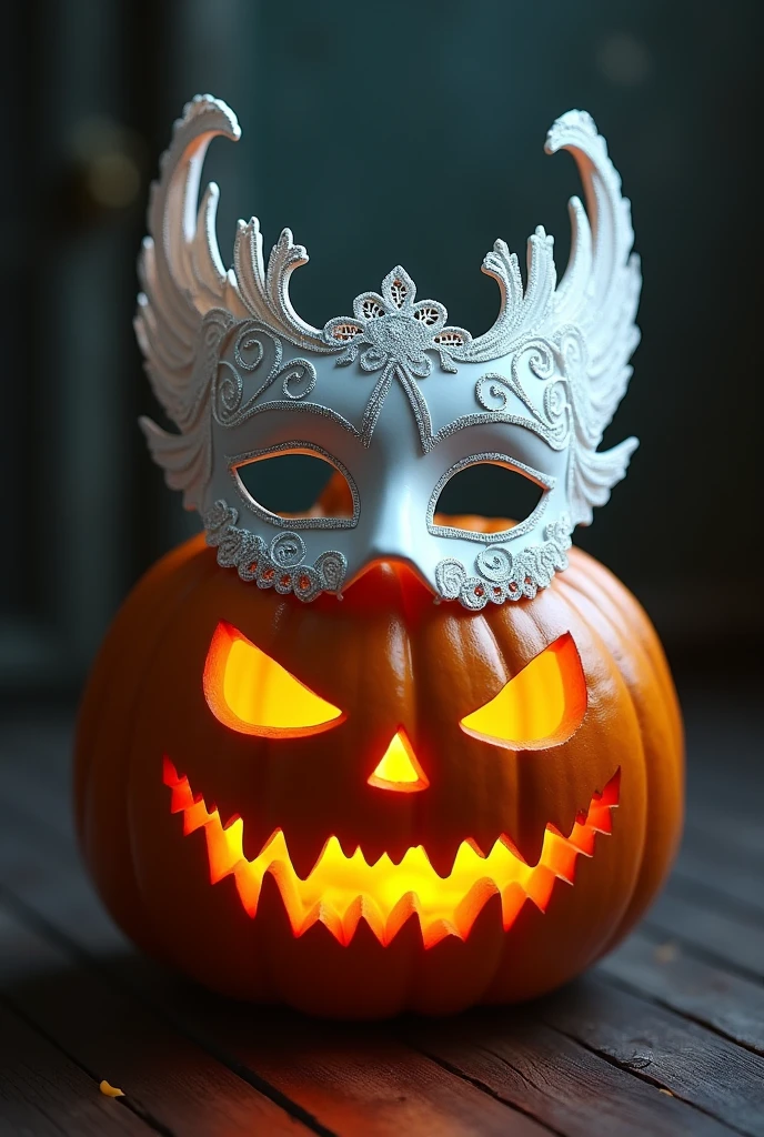 A Halloween pumpkin wearing a white Venetian mask
