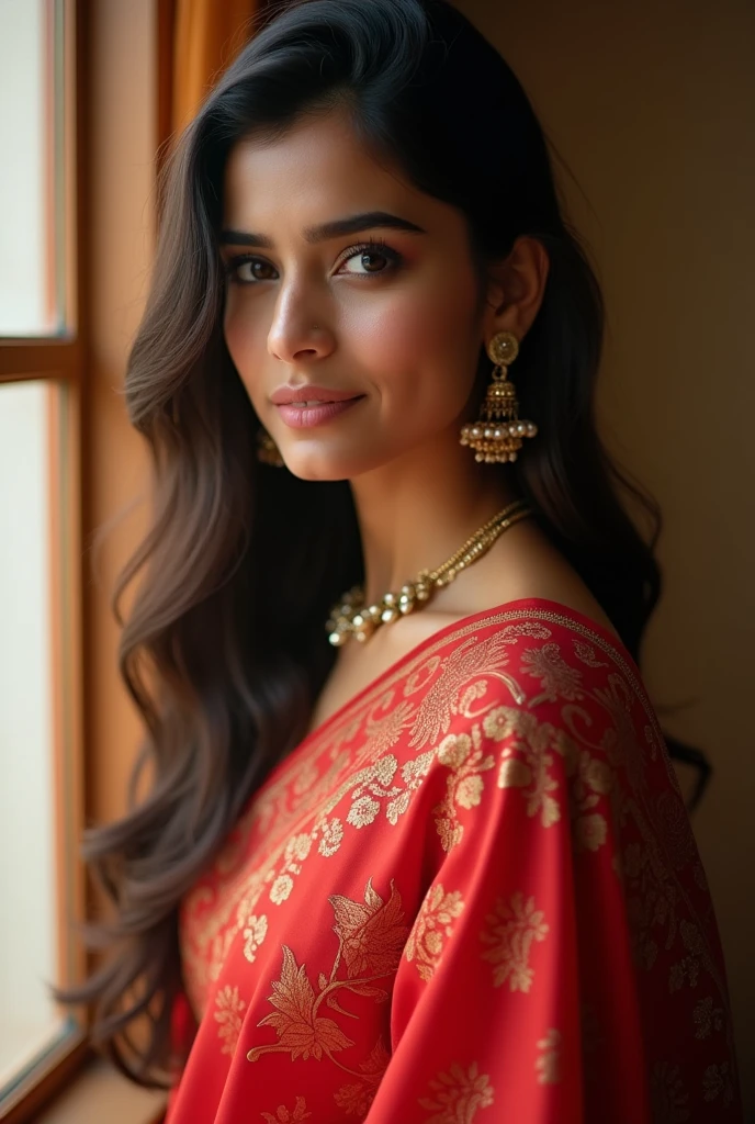 beautiful Indian girl of 21 in fair skin color in saree with bold outfit and beautiful attractive face