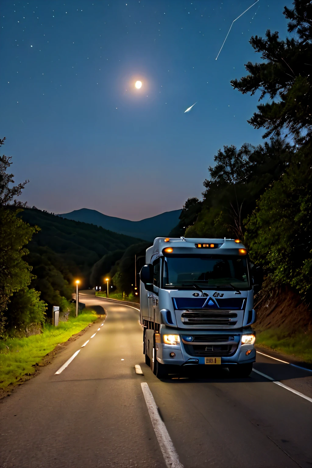 A long and winding road in the moonlight, with the sky tinged with dark blue and light gray from the moon. Quite starry. A sturdy truck travels smoothly down the road illuminated by headlights. By the roadside, there is a stylized plate with the Triunfo Car Track logo. Em primeiro plano, a relaxed driver behind the wheel, with a slight smile of relief, while the surrounding scene exudes an atmosphere of calm and tranquility. The image must convey peace, protection and confidence on the journey.