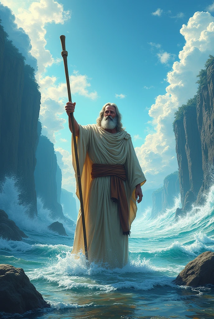 I want an epic image of the Red Sea opening before Moses with his staff