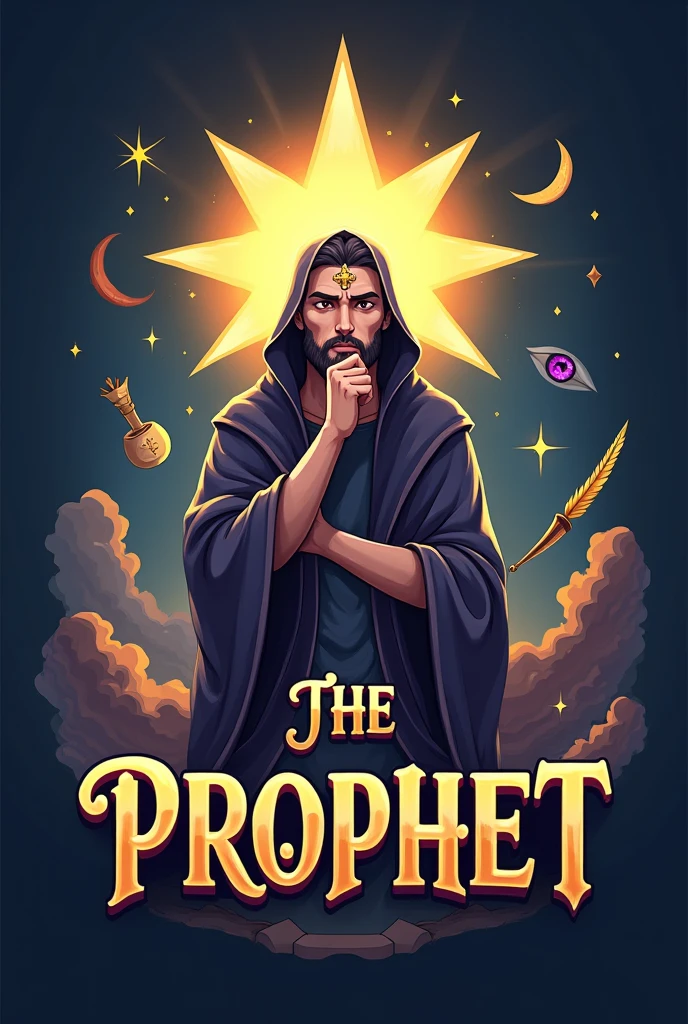 Create a logo with the theme "PROPHET'S" for online shooting game, that shows an illustrative animated character with a disempowered expression and resembling mythology, with the theme below in Portuguese Elegant Typography: Use a fancy font for the word "PROPHET'S", that conveys a sense of authority and wisdom.
Religious or spiritual symbols: Incorporate symbols related to prophecy, like a star, a halo or a radiant light.
Graphic elements: Add graphic elements that represent knowledge and insight, like an eye, a quill or a parchment.
Paleta de cores: Choose colors that convey wisdom and clarity, like golden, dark blue or purple.
Clean and Professional Design: Keep the design simple and elegant, to convey an image of trust and respect.