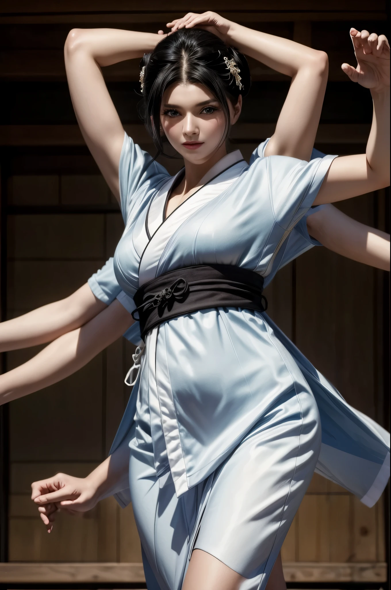 masterpiece, best quality, extremely detailed, hyperrealistic:1.1, photorealistic, a beautiful 20s russian model, ultra detailed face:1.1, white japanese yukata, black kimono cardigan, half updo, black hair
