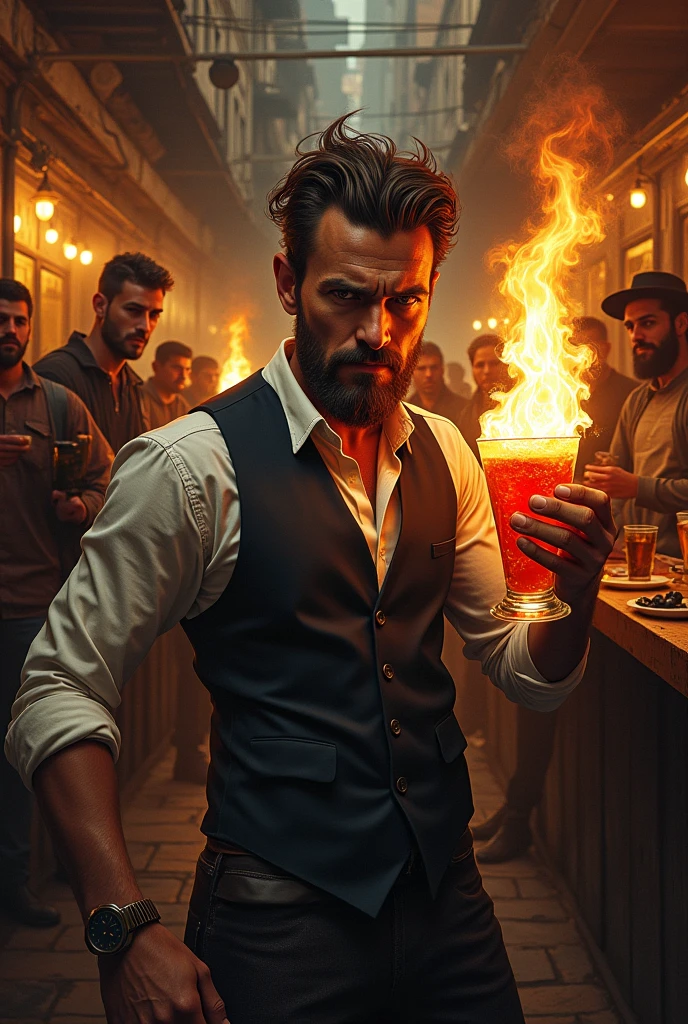 A bar where a human Catalan waiter serves Molotov cocktails to customers