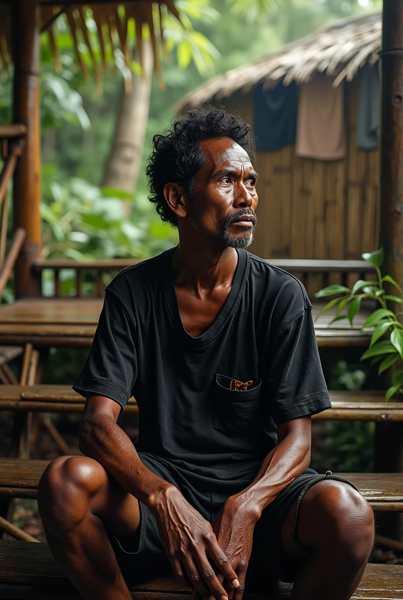 Photorealism 1.4 realistic realism high detailed definition Malaysian orang asli man  native aborigines wearing black tears shirt short sitting on stairs withe her  bamboo floor bamboo hut leaf roof at the jungle  clothes hanging at back dark skin curls short hair waving bamboo wall on ground wet ground after rain morning mode cigarette on her mouth