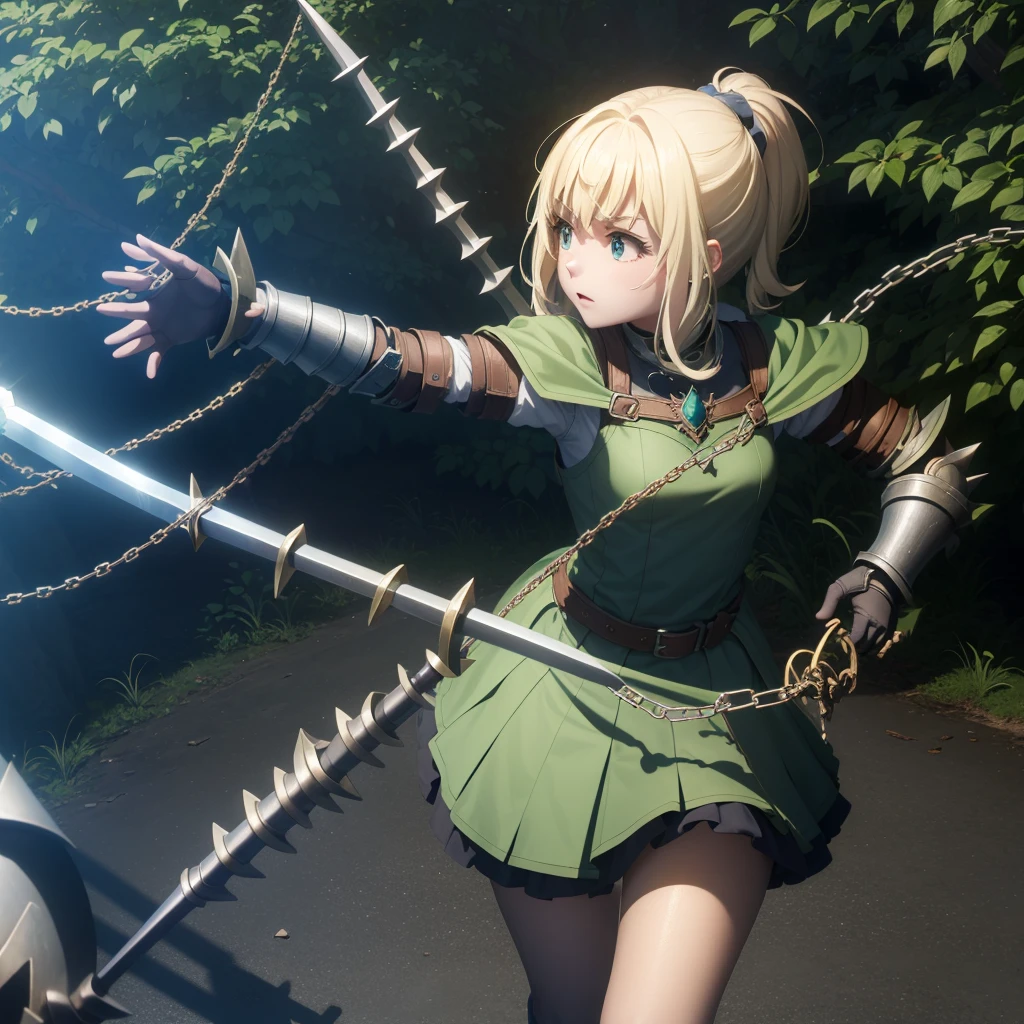 最high quality、high quality、Simple Cloth Armor、10Year-old girl adventurer、Equipped with a weapon that has a short chain at the end of a stick and a spiked iron ball at the end of the chain、In a dark maze、Green armor