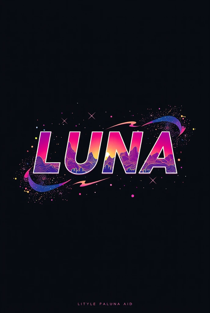 High resolution, Logo for Jdm cars, logo spelling swiftly “LUNA” cool, Jdm theme, anime theme, Cyberpunk vibe name spelling, brand logo, logo for tshirt, brand logo “LUNA”, neon vibes, acid trip vibes, acid trip, shooting stars, acid trip inside “LUNA”, acid trip, hallucinations inside “LUNA”, Waves of hallucinations, splash, purple, 