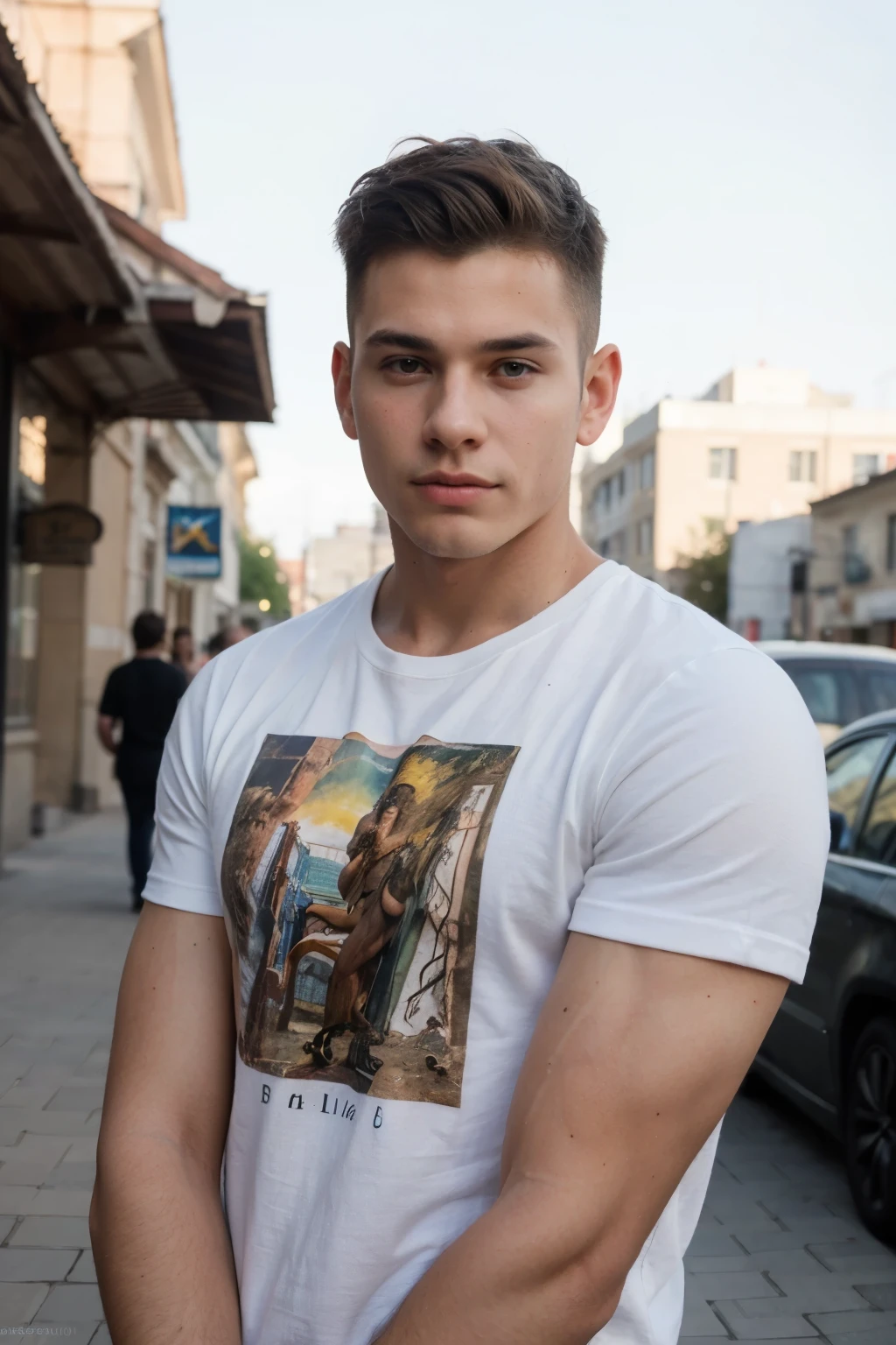22 yo stud, photo of darelljones, a handsome boy, portrait, masculine, realistic, upper_body, (masterpiece, best quality:1.5), darelljones, face focus, blurry background, raw photo, T-Shirt top, 1man, outdoors, (masterpiece,best quality:1.5), photo in Sumy city Urkaine, Sumy style