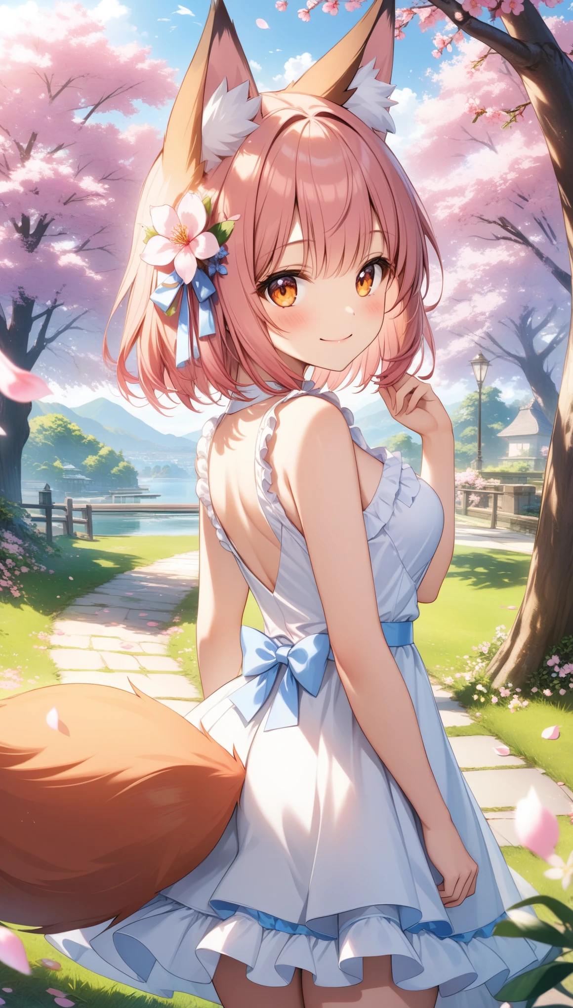 1girl, solo, breasts, looking at viewer, blush, smile, bangs, hair ornament, dress, animal ears, bare shoulders, medium breasts, closed mouth, tail, pink hair, flower, outdoors, frills, sleeveless, day, looking back, hand up, hair flower, from behind, white dress, tree, orange eyes, animal ear fluff, petals, fox ears, fox tail, frilled dress, cherry blossoms, fox girl, pink flower, ダンボールの中に座る, ((32k)), ((best quality)), ((ultra high res)), ((HDR)), ((UHD)), ((extremely detailed CG)), ((unity 32k wallpaper)), 