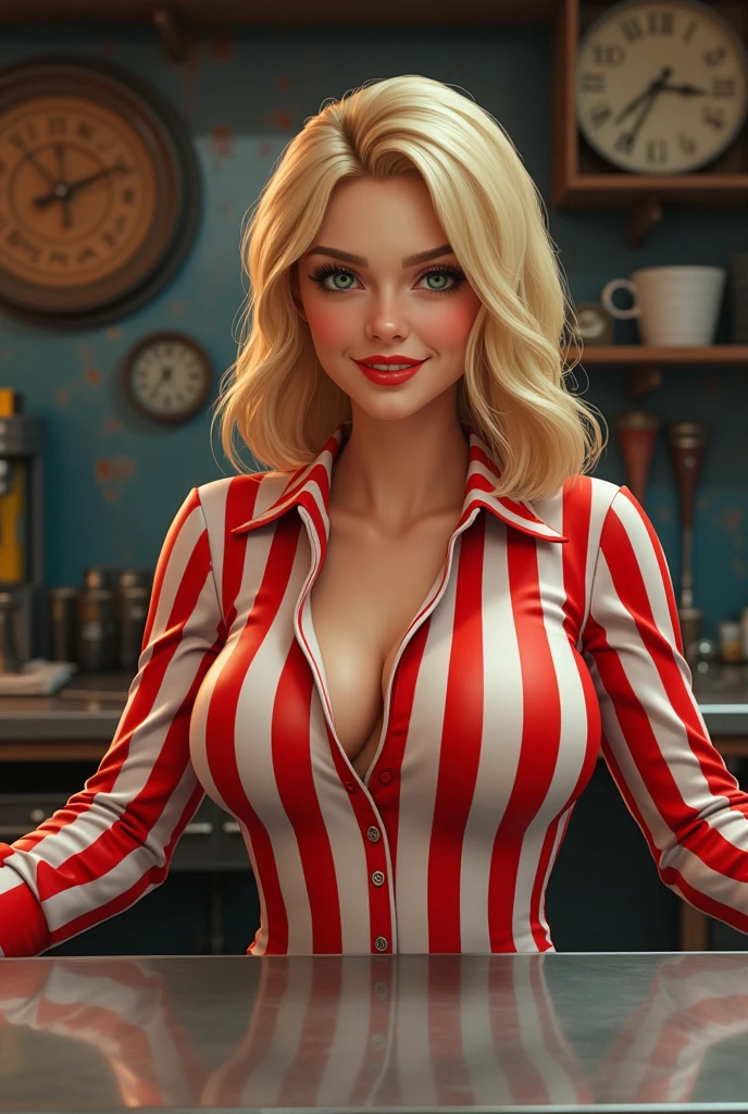 Blonde busty woman in a red and white vertically striped shirt, cleavage, behind a counter, smile, garage