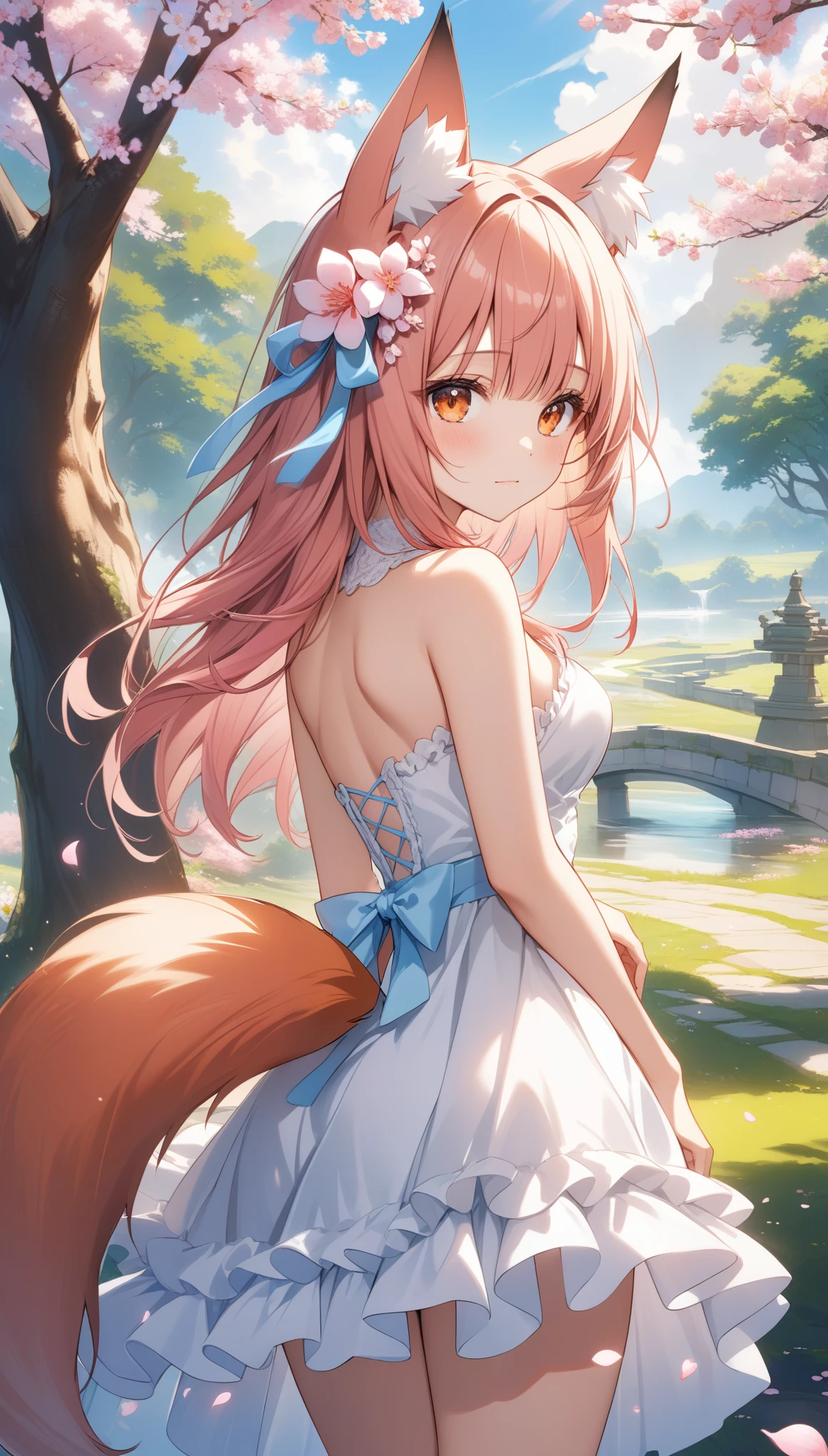 1girl, solo, breasts, looking at viewer, cry, bangs, hair ornament, dress, animal ears, bare shoulders, medium breasts, closed mouth, tail, pink hair, flower, outdoors, frills, sleeveless, day, looking back, hair flower, white dress, tree, orange eyes, animal ear fluff, petals, fox ears, fox tail, frilled dress, cherry blossoms, fox girl, pink flower, ダンボールの中に座る, ((32k)), ((best quality)), ((ultra high res)), ((HDR)), ((UHD)), ((extremely detailed CG)), ((unity 32k wallpaper)),