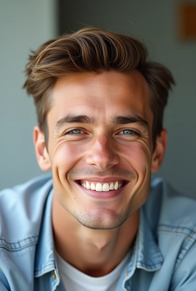 young man with brown hair smiling, stock photo
