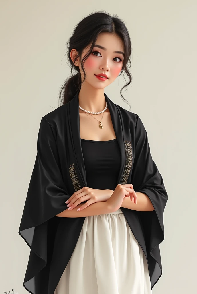 girl, wears filipino clothing, white skirt, BLACK shawl or scarf worn over both the shoulders(not too long, elbow level ) has design, has pin in the middle(connecting the scarf or shawl, with black sleeveless top inside(not croptop), not sexy, filipiñana alampay, aesthetic, pearl necklace, the black top is kind of falling off frm the shoulders