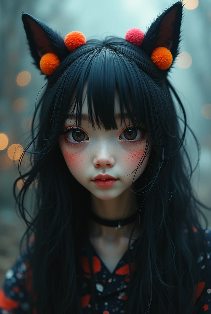 black hair, hair bobbles, wince, longeyelashes, solid circle eyes, fake animal ears, light smile, ear blush, fang, ccurate, Surrealism, drop shadow, anaglyph, stereogram, tachi-e, pov, atmospheric perspective, 8k, super detail, best quality