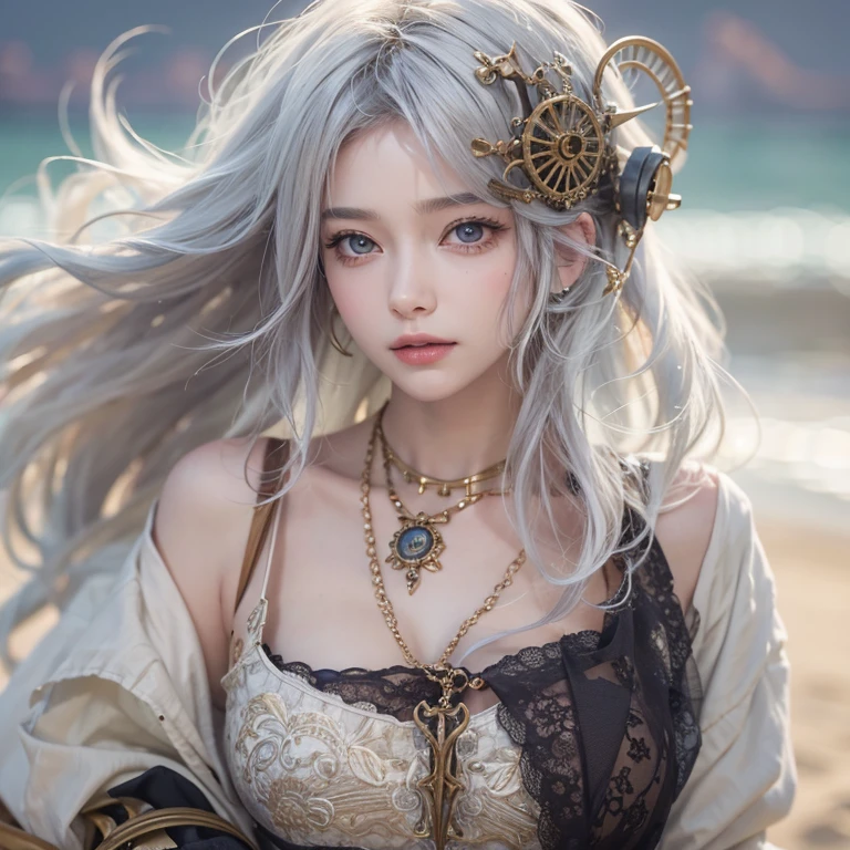 (masterpiece:1.3), (8k, Realistic, RAW Photos, Best image quality: 1.4), Fair-skinned fairy woman、Long Hair、Cleavage:2.0、Highly detailed face、Attention to detail、double eyelid、Chest to chest、Sharp focus:1.2、Beautiful woman:1.4、Silvery white hair、Highest quality、masterpiece、Ultra-high resolution、(Realistic:1.4)、Highly detailed and professionally lit smiles、Loose, Light, steampunk、Shoulder out、thin、Serious expression、Short-haired、Deadly position, One person、whole body,Walking on the beach、Gorgeous Necklace、
