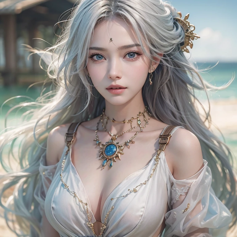 (masterpiece:1.3), (8k, Realistic, RAW Photos, Best image quality: 1.4), Fair-skinned fairy woman、Long Hair、Cleavage:2.0、Highly detailed face、Attention to detail、double eyelid、Chest to chest、Sharp focus:1.2、Beautiful woman:1.4、Silvery white hair、Highest quality、masterpiece、Ultra-high resolution、(Realistic:1.4)、Highly detailed and professionally lit smiles、Loose, Light, steampunk、Shoulder out、thin、Serious expression、Short-haired、Deadly position, One person、whole body,Walking on the beach、Gorgeous Necklace、